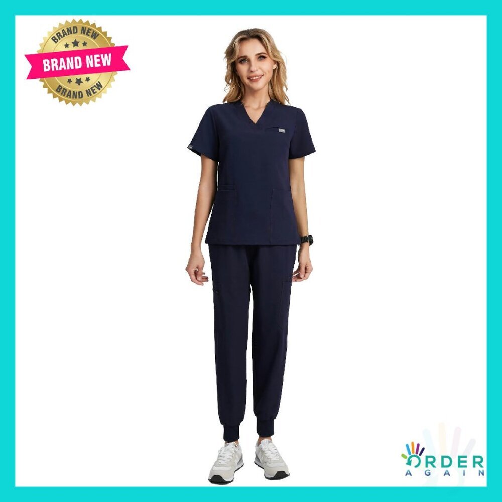 V-Neck Scrub Top Jogger Pants Set 12-Pocket Medical Uniform Stretch Comfort